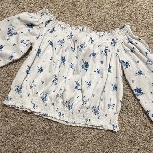 Divided White and Blue Crop Ruffled Blouse